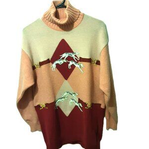 Vintage 1980s Carella Italy Pink Dog‑Motif Turtleneck Sweater Pullover Novelty